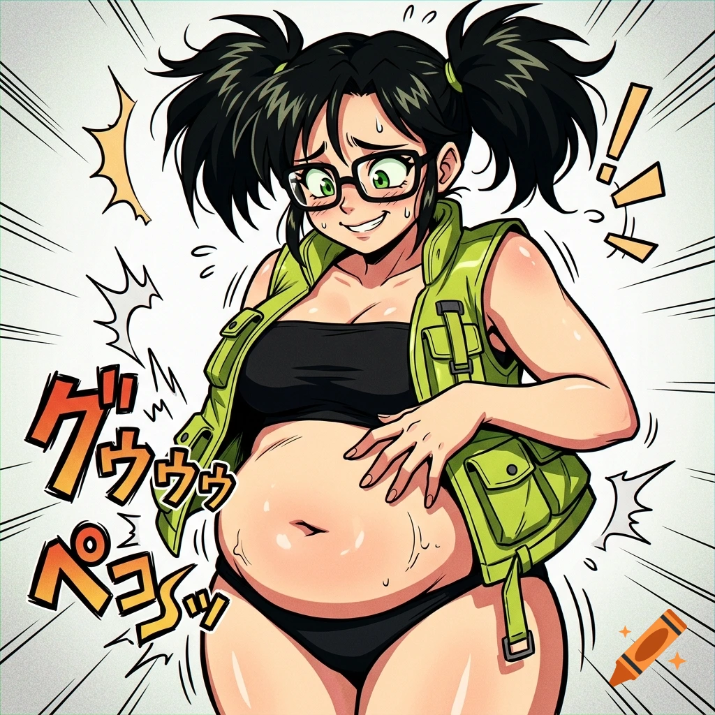 Anime style illustration of a nervous woman with glasses and pigtails looking down at her chubby belly, with Japanese sound effects text.