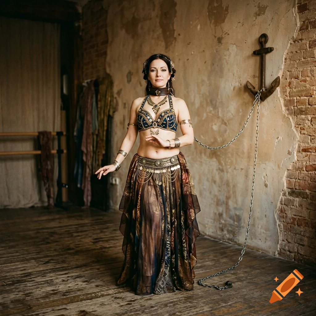 Photorealistic image of a belly dancer wearing a decorated blue and gold costume with a collar attached to a chain on a rustic wall.