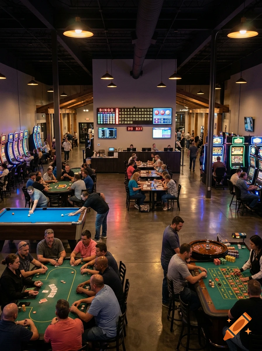 High angle shot of a large indoor entertainment space with people playing bingo, poker, roulette, and slot machines.