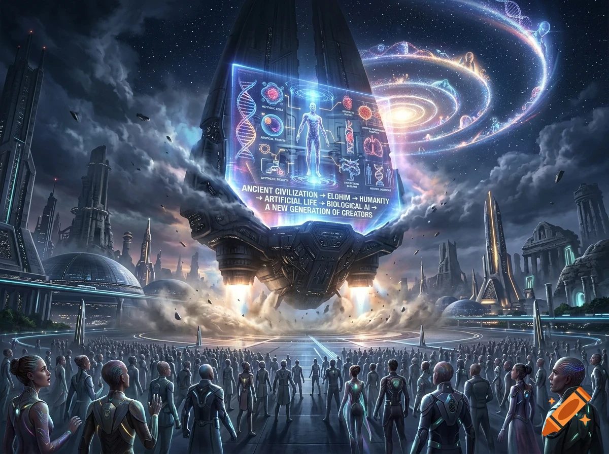 A futuristic city with a large crowd gathered beneath a massive hovering spaceship projecting a glowing digital screen with biological diagrams.