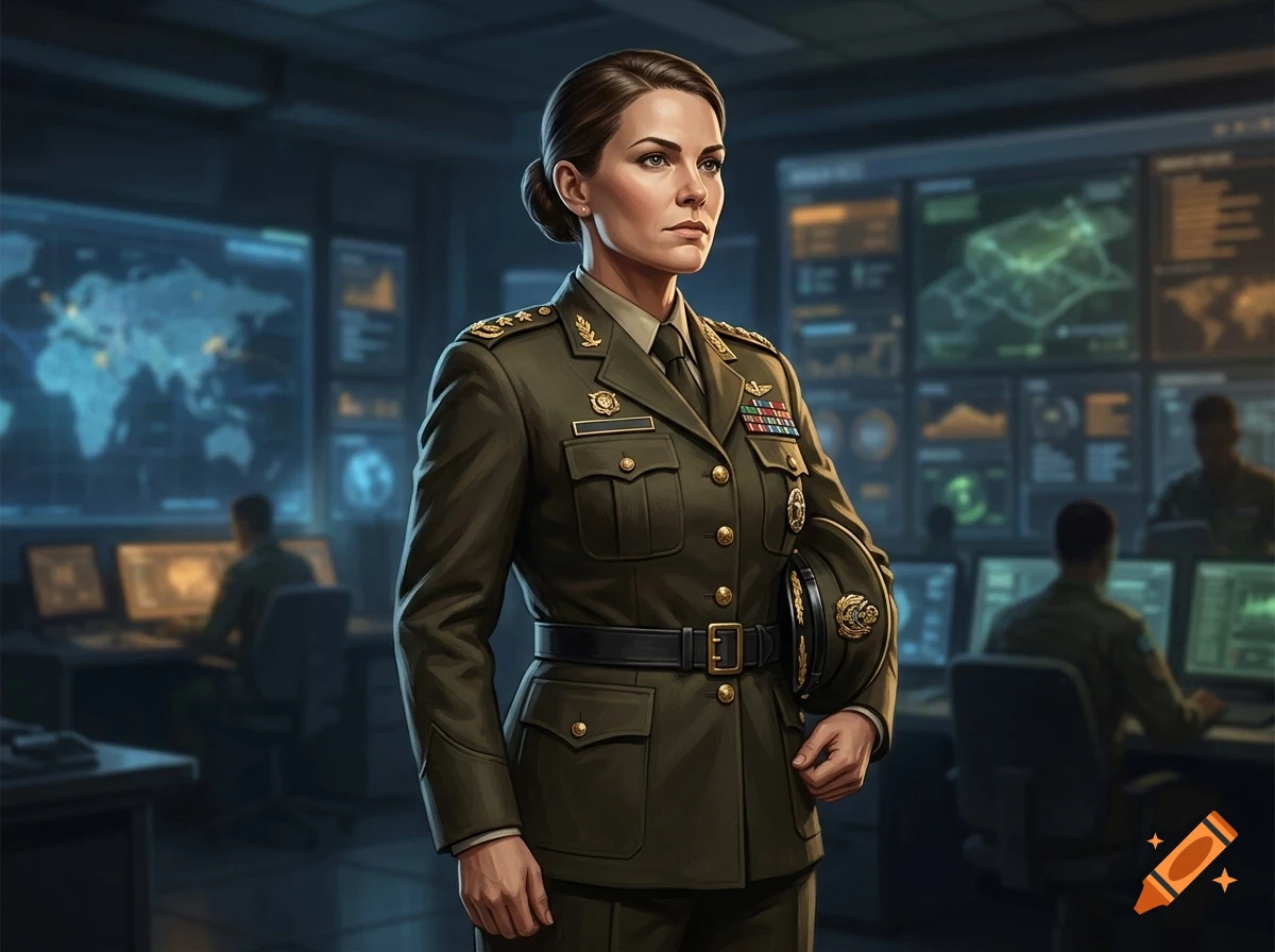 A female military officer in uniform holding a service cap inside a command center with monitors displaying maps and data.