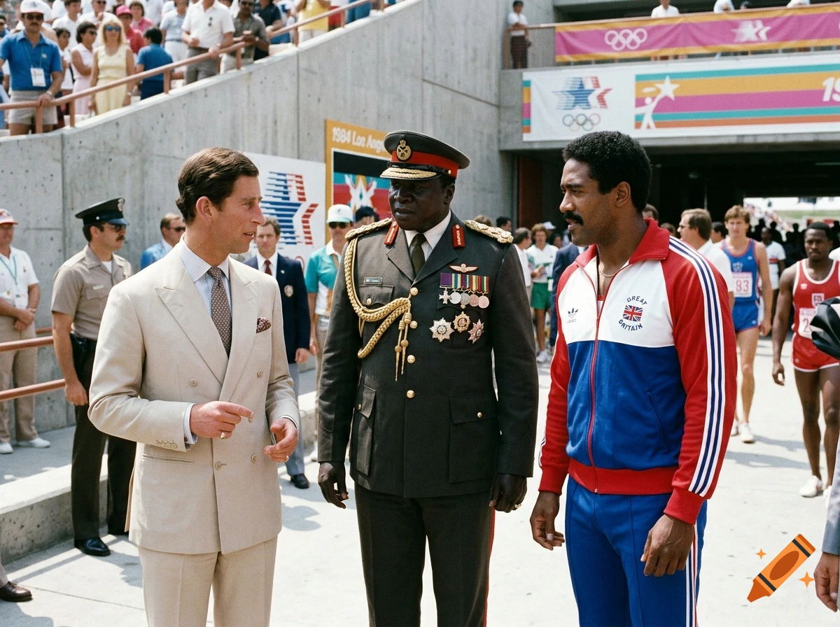 Photorealistic image of Prince Charles, Idi Amin, and Daley Thompson at the 1984 Los Angeles Olympics.
