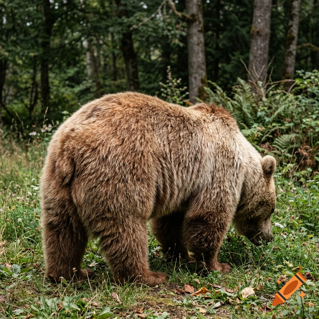 Photorealistic image of a brown bear standing in a lush green forest with trees and ferns.