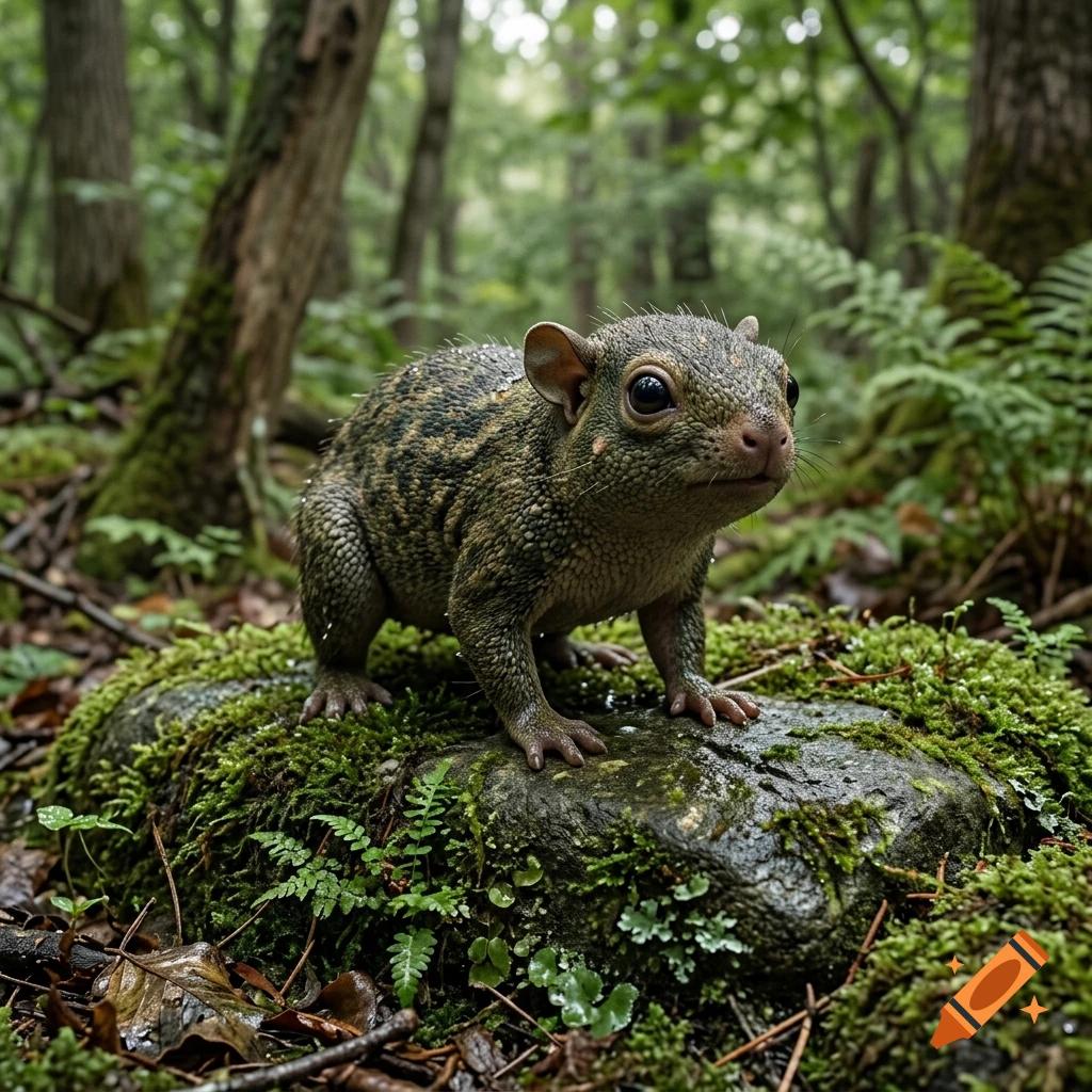 A photorealistic fictional creature standing on a mossy rock in a lush forest.