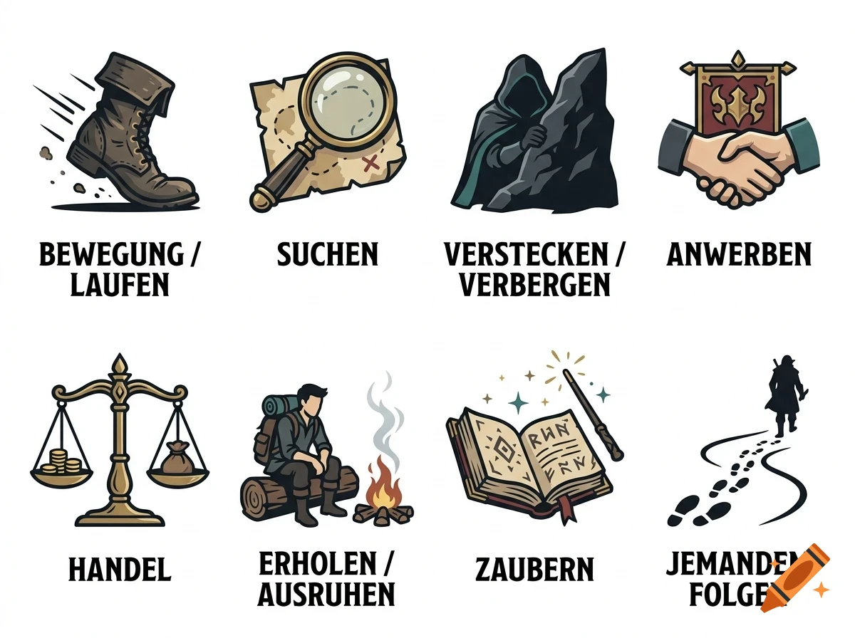 An illustrated set of icons depicting tabletop RPG roleplaying actions with German labels, including movement, searching, hiding, recruiting, trading, resting, casting spells, and following.