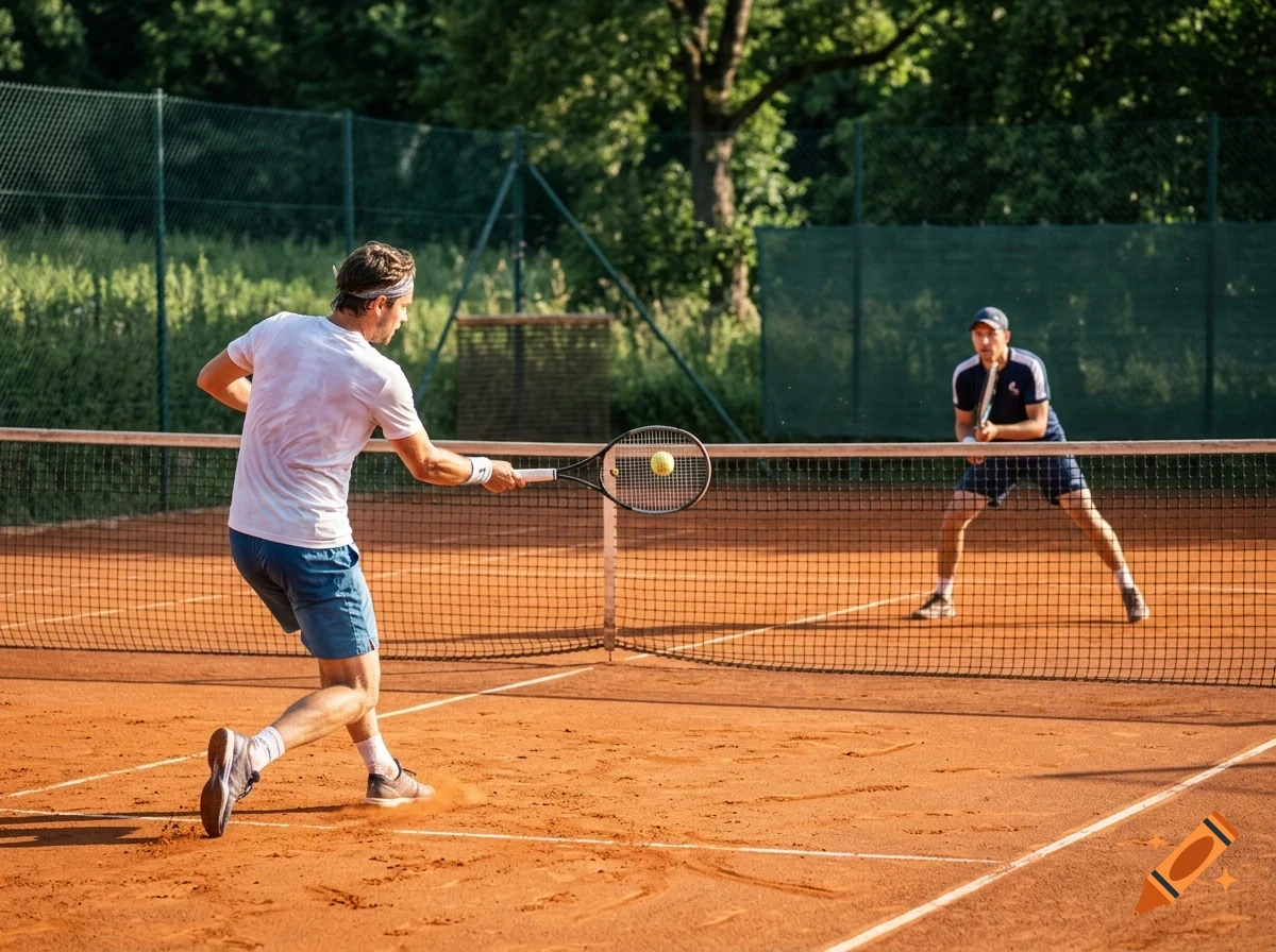 Two men playing tennis on an outdoor clay court, with one player swinging his racket to hit the ball over the net.