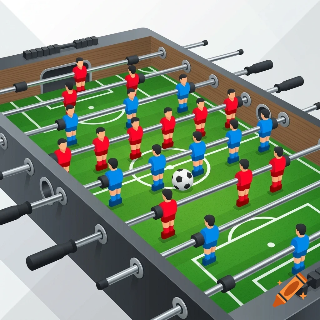 An isometric vector illustration of a foosball table with red and blue teams and a soccer ball in the center.