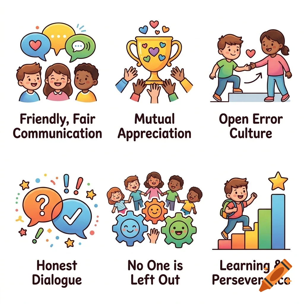 A set of six illustrated cartoon panels depicting social values and concepts like communication, mutual appreciation, and perseverance.