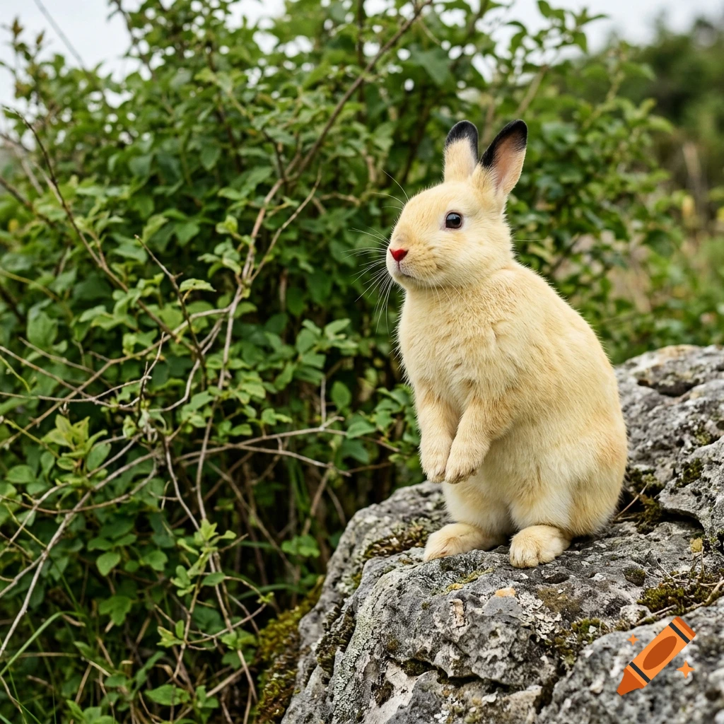 Photorealistic light yellow rabbit with black-tipped ears and a red nose standing on a grey rock in front of a green bush.