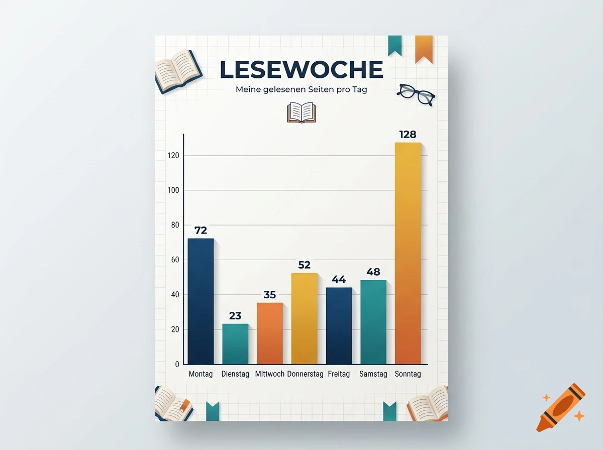 A colorful bar chart titled LESEWOCHE showing daily reading statistics in German with book and glasses illustrations.