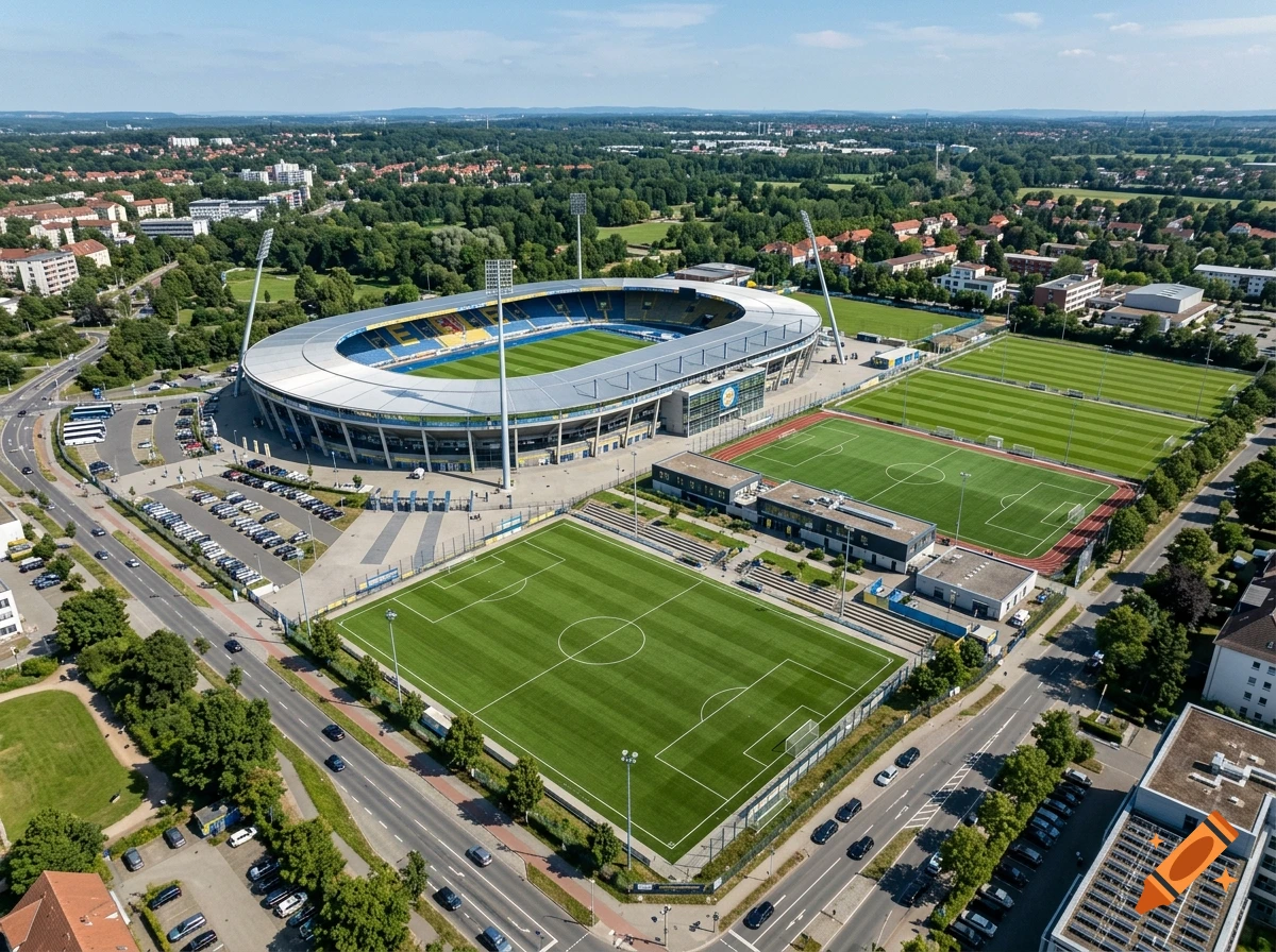 Aerial view of a modern large football stadium and training facilities with parking lots and surrounding greenery.