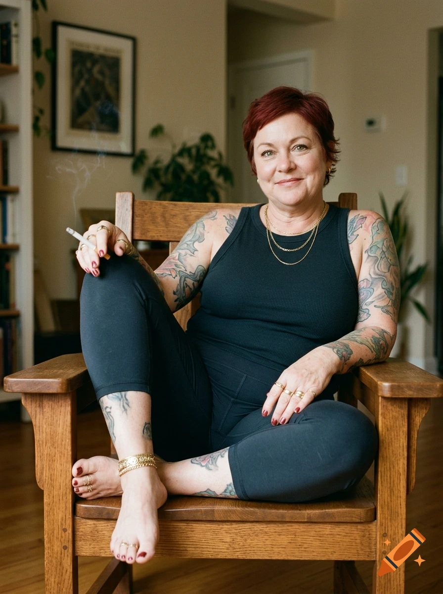 Photorealistic portrait of a mature woman with red hair and tattoos, smoking a cigarette while sitting in a wooden chair.