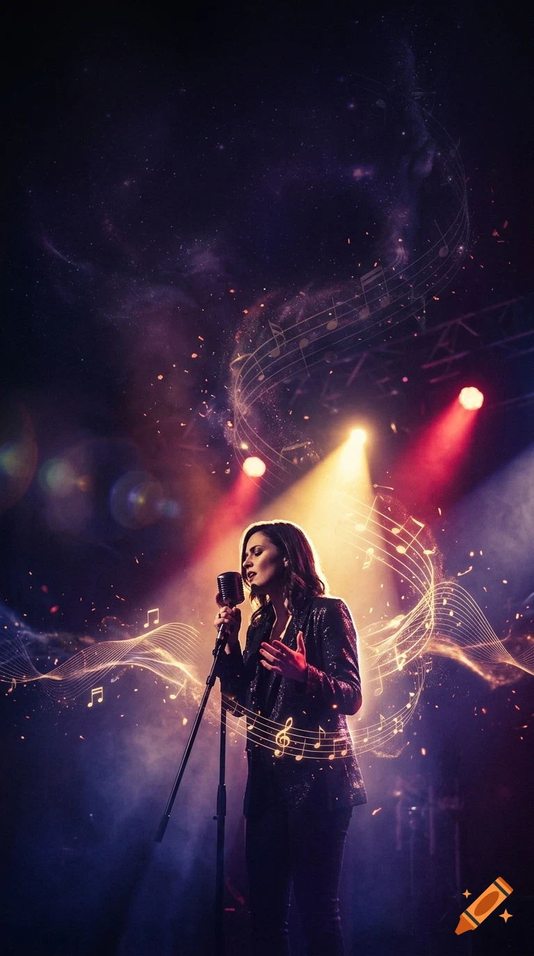 A female singer performs into a vintage microphone on a stage under dramatic spotlight, surrounded by swirling glowing musical notes and a starry cosmos background.