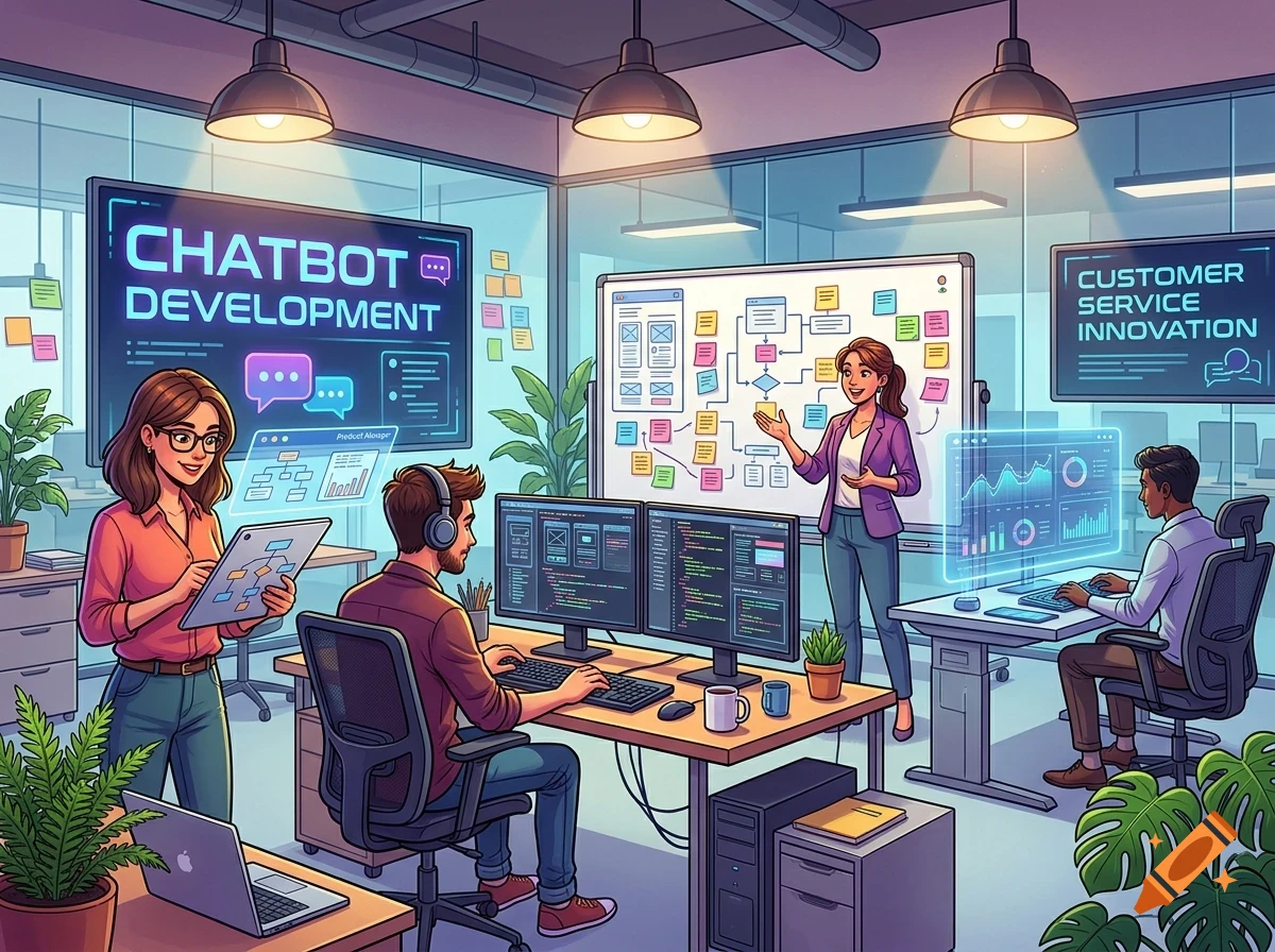 An office scene depicting four professionals working in a modern workspace, with displays showing chatbot development, flowcharts, and customer service innovation.
