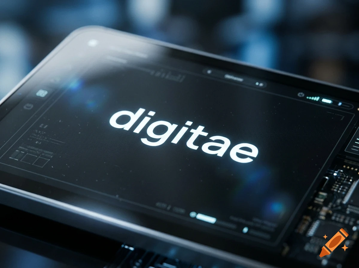 A close-up shot of a modern tablet displaying the word digitae in white lowercase letters on a black screen.