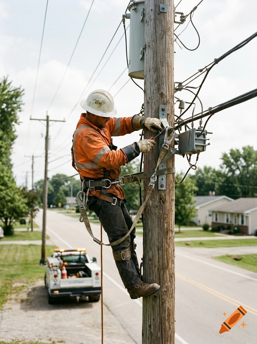 A photorealistic image of a lineman in safety gear working on a utility pole beside a road.
