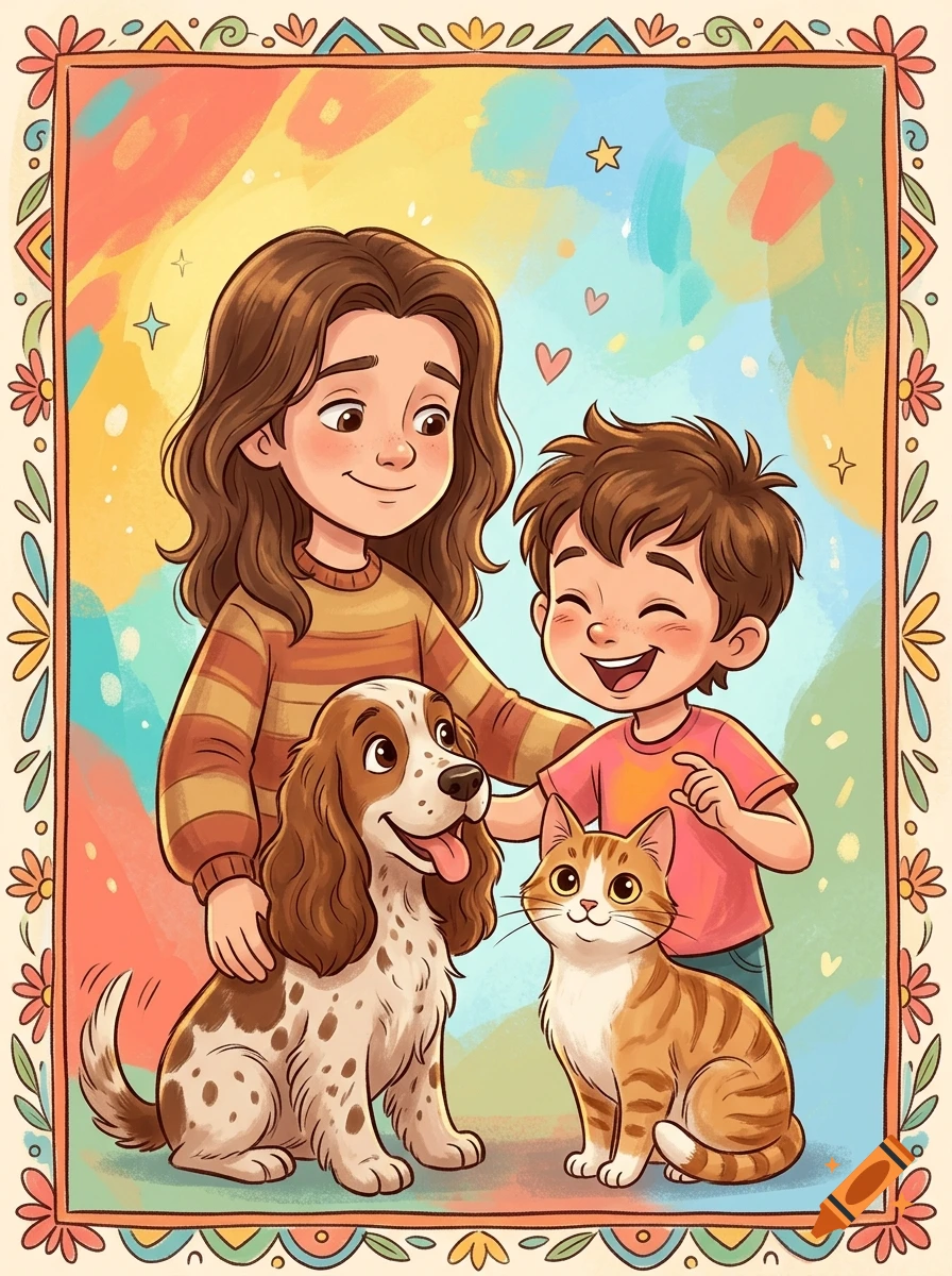 An illustrated portrait of a smiling woman, a laughing boy, a happy dog, and a ginger cat posed together within a decorative border.