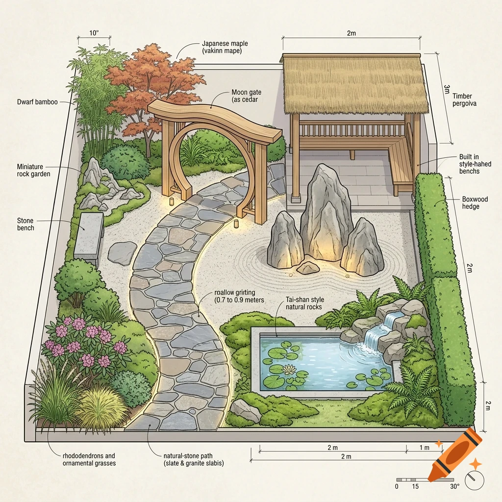 An illustrated architectural diagram of a Japanese-style garden with annotated measurements, featuring a stone path, a moon gate, a pavilion, a small pond, and various plants and rocks.