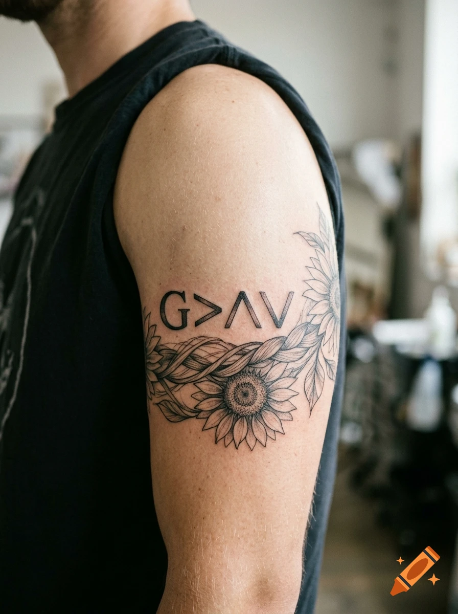 Close-up of a person's upper arm featuring a detailed tattoo with sunflowers and mathematical symbols.