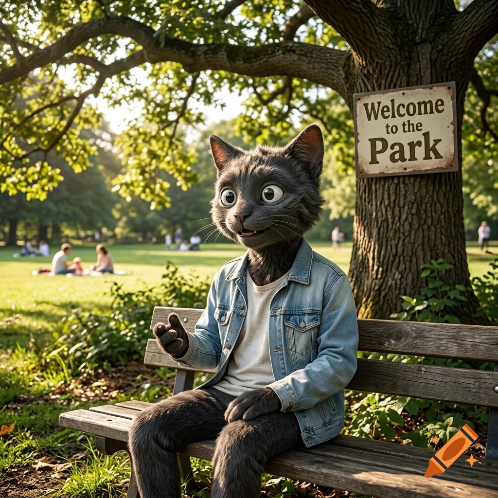 An anthropomorphic grey cat wearing a denim jacket sits on a park bench, with a sign reading Welcome to the Park attached to a nearby tree.