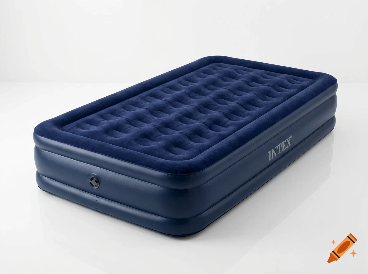 An inflated dark blue air mattress sits isolated on a white studio surface.