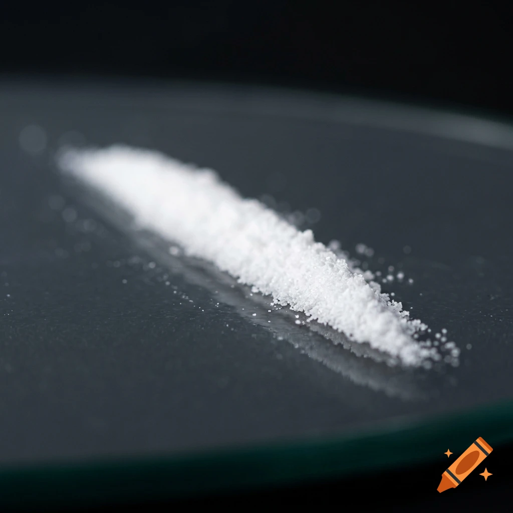 Close-up photorealistic shot of a line of white powder on a dark reflective surface.