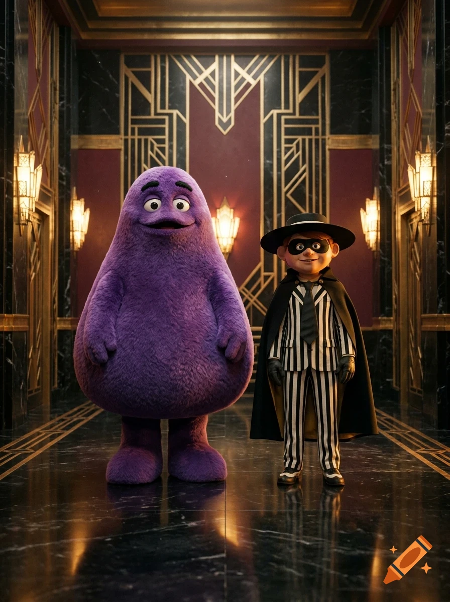 A plush purple creature and a companion in a striped suit and cape stand in an Art Deco hallway.