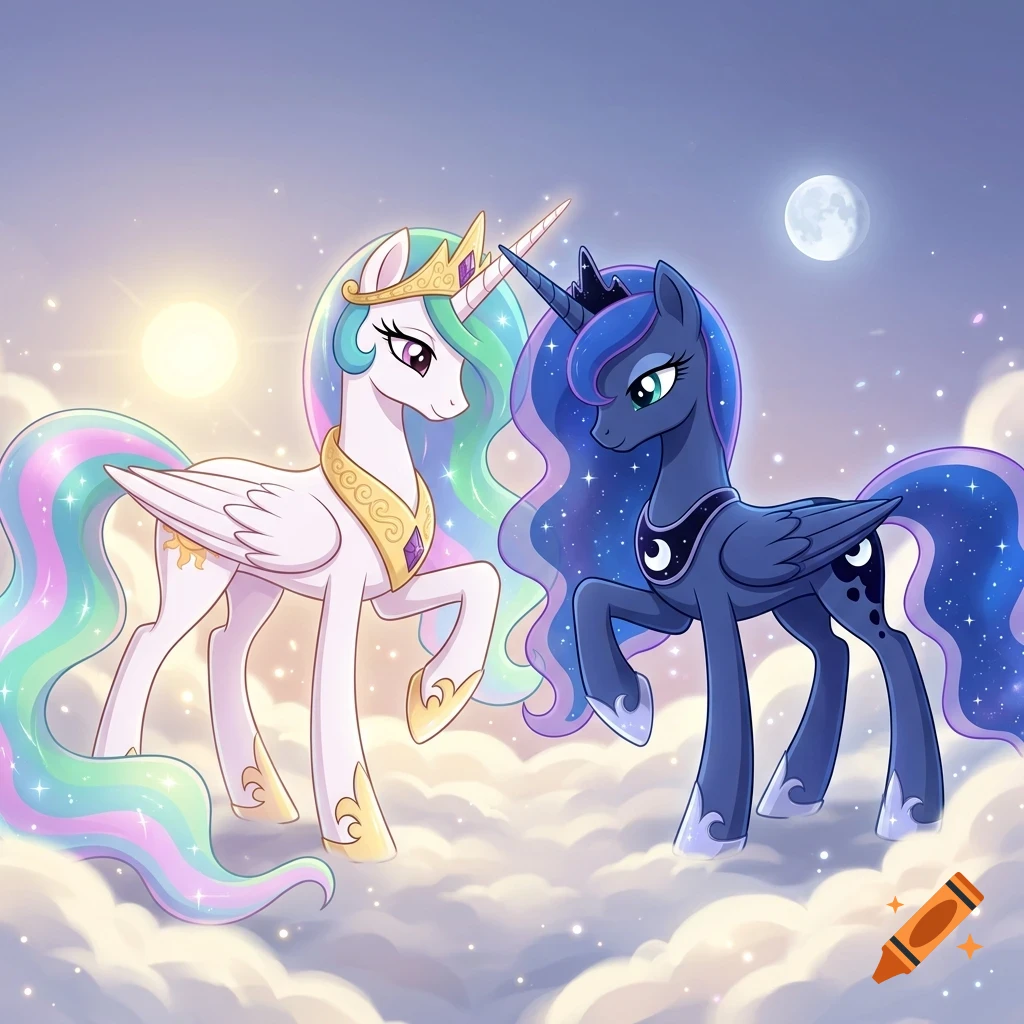Princess Celestia and Princess Luna standing together on clouds against a twilight sky with a sun and moon.