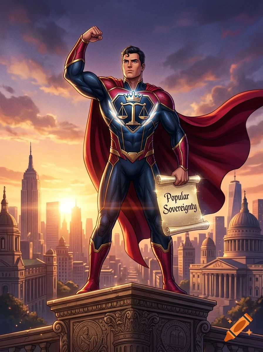 A superhero figure standing heroically on a rooftop, holding a scroll that reads Popular Sovereignty, with a cityscape background at sunset.
