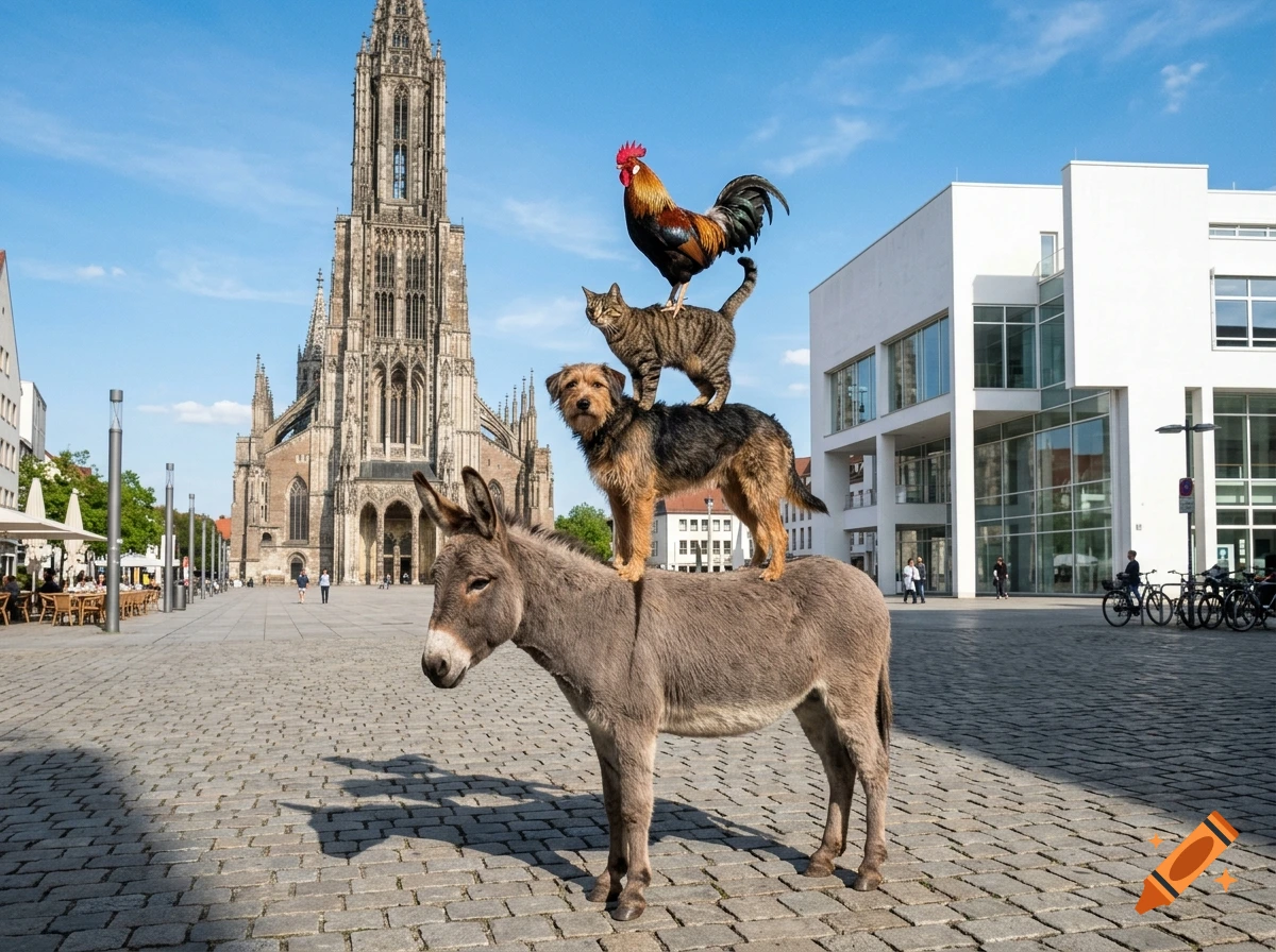 Photorealistic image of a donkey, dog, cat, and rooster stacked on top of each other on a cobblestone plaza in front of a large cathedral.