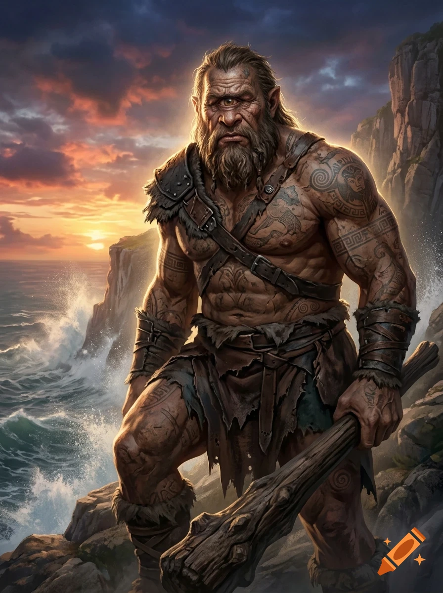 A muscular, bearded cyclops stands on a rocky cliff by the sea at sunset, holding a heavy wooden club.
