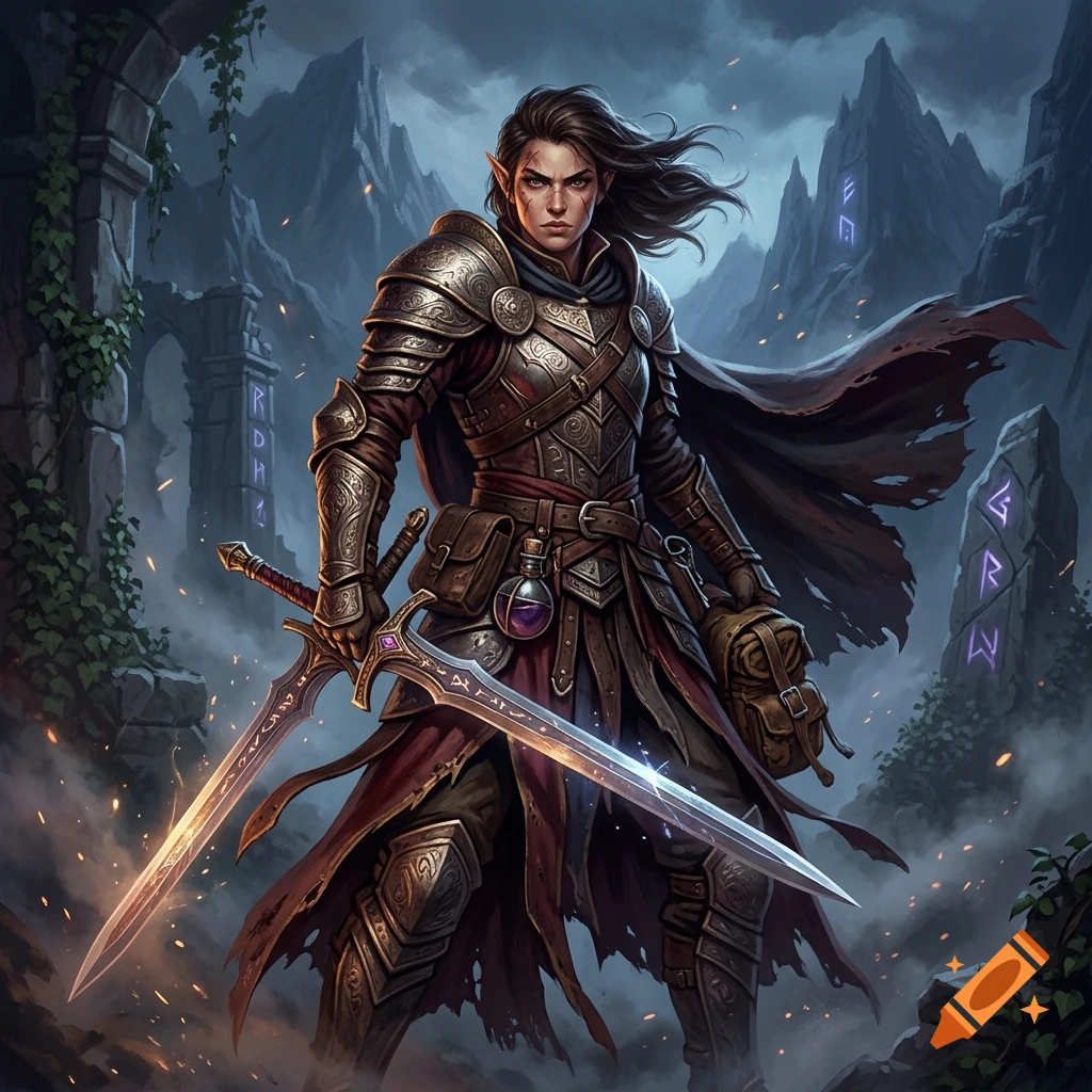 Fantasy digital painting of an elf warrior in ornate armor wielding two glowing swords amidst ruined stone arches.