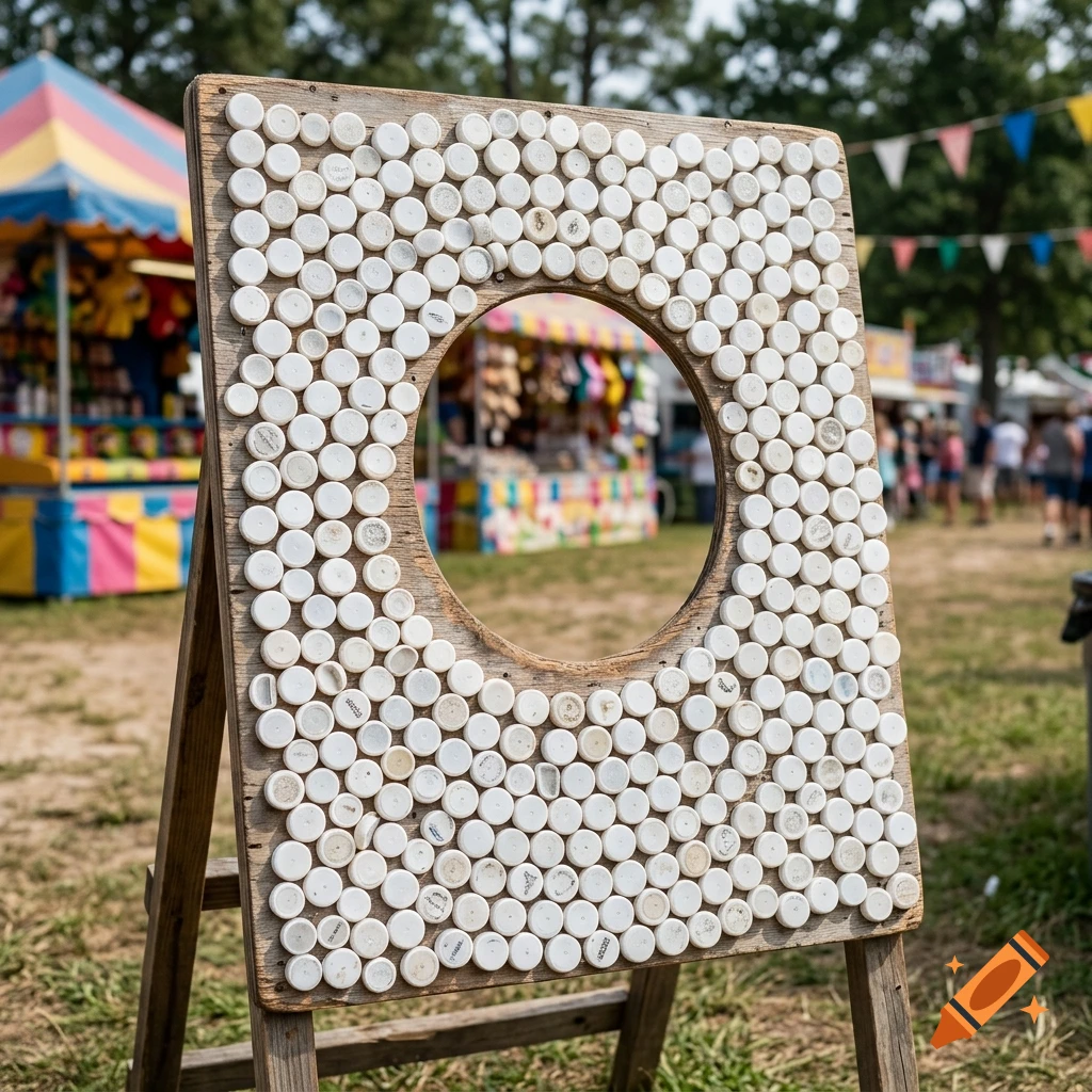 Wooden photo booth cutout decorated with white bottle caps, featuring a circular face opening at a carnival.