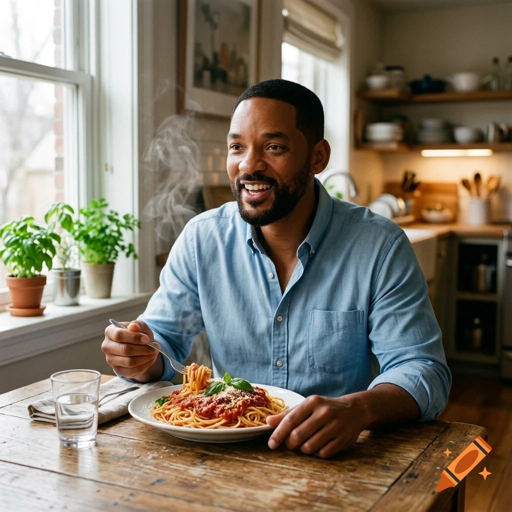 A man smiling while eating a plate of hot spaghetti at a wooden table in a home kitchen.