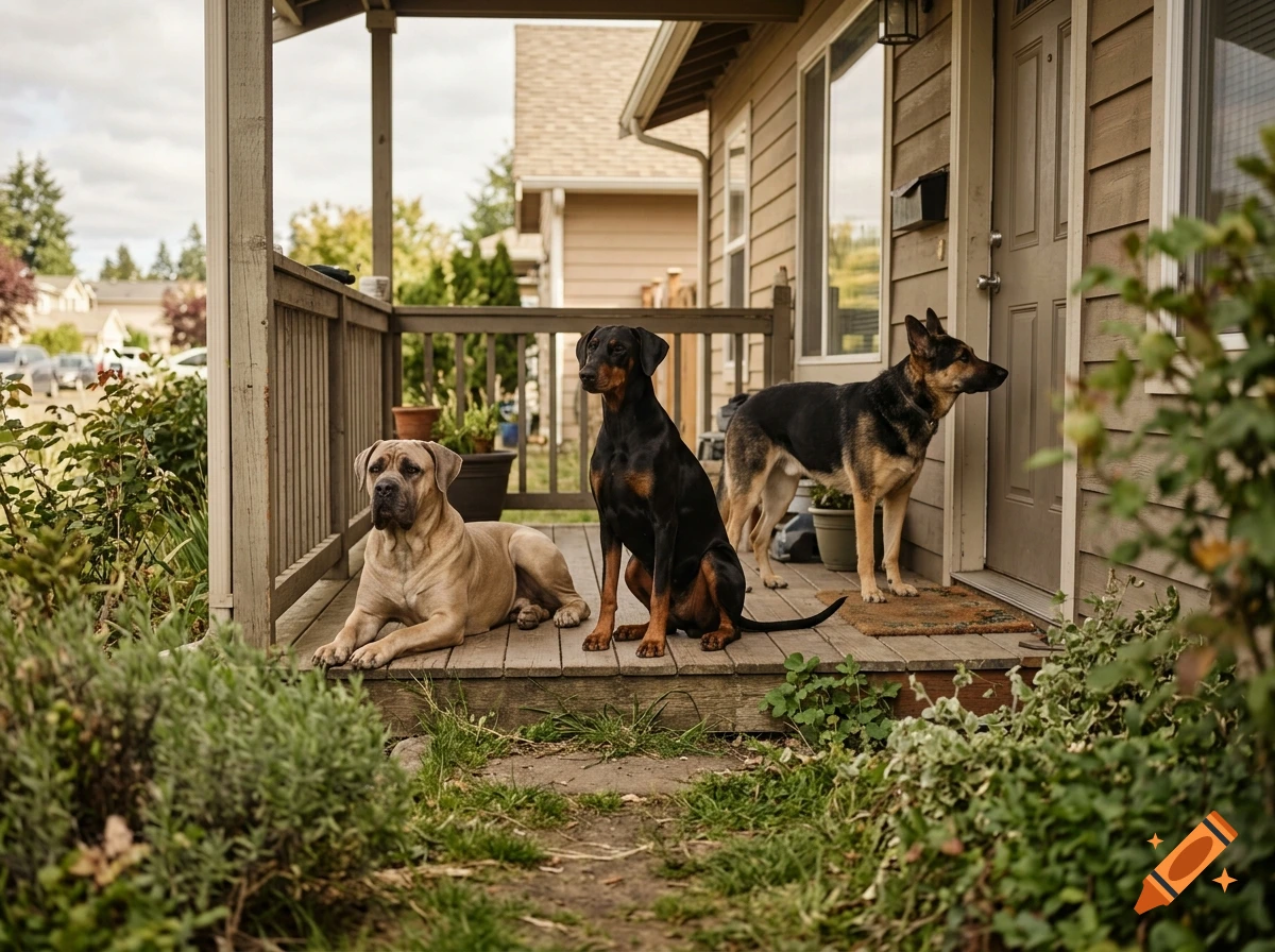 Photorealistic image of three dogs sitting on a wooden porch of a suburban house.