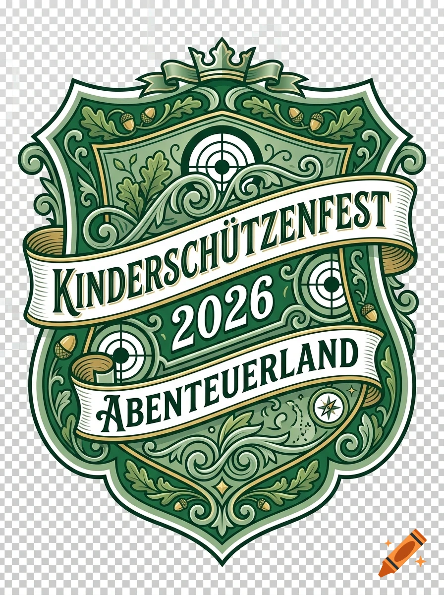 An ornate green and white shield-shaped emblem featuring banners with the text "KINDERSCHÜTZENFEST 2026 ABENTEUERLAND", target symbols, and oak leaf decorations.