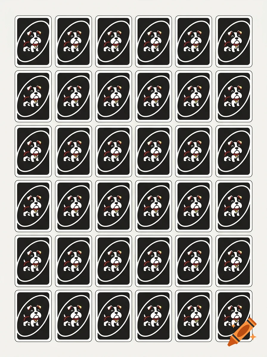 A grid pattern featuring thirty black playing cards with a white-bordered oval and a cartoon dog illustration in the center of each.