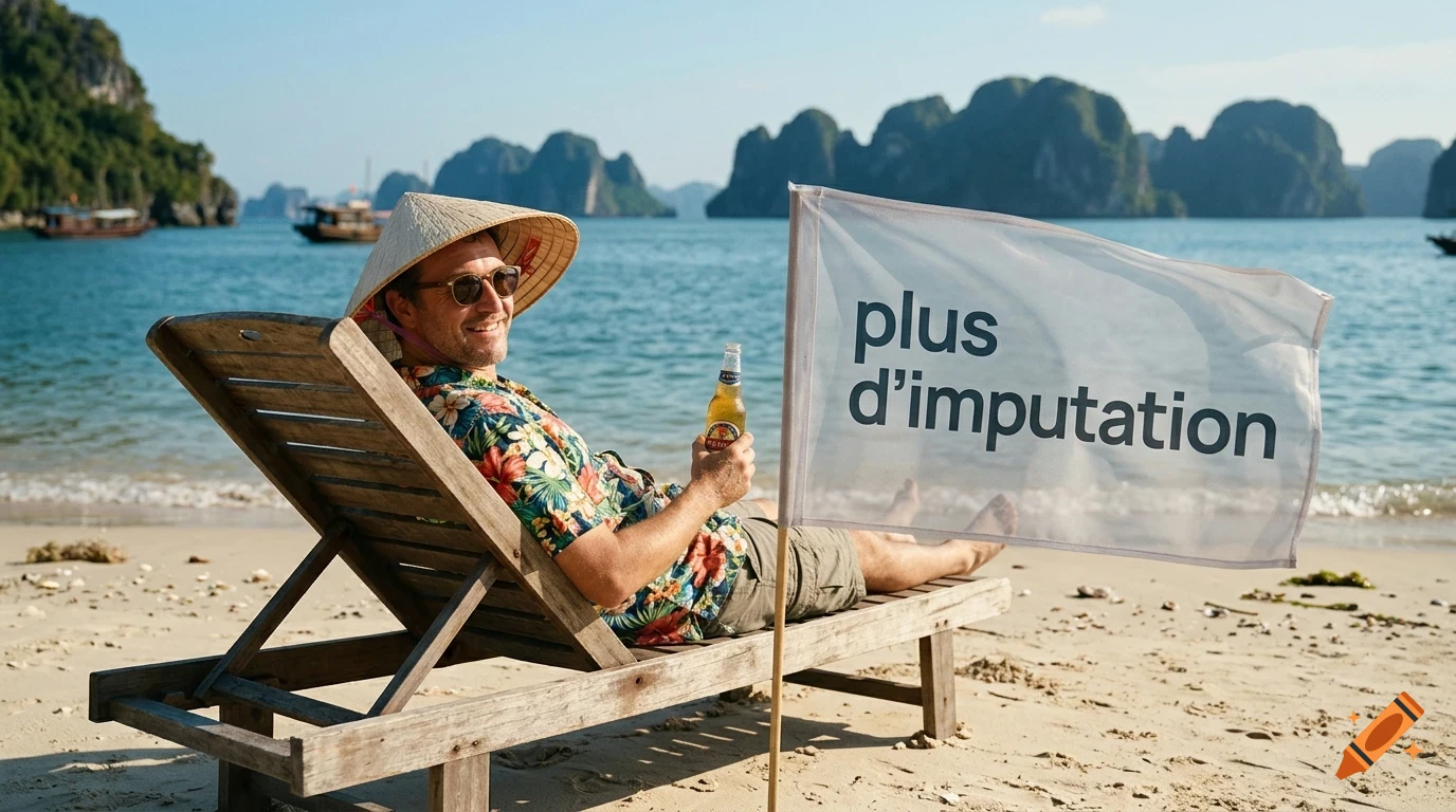 A man wearing a conical hat and sunglasses relaxes on a wooden lounge chair on a sandy beach holding a bottle, with a flag reading plus d'imputation nearby and scenic limestone karst islands in the background.