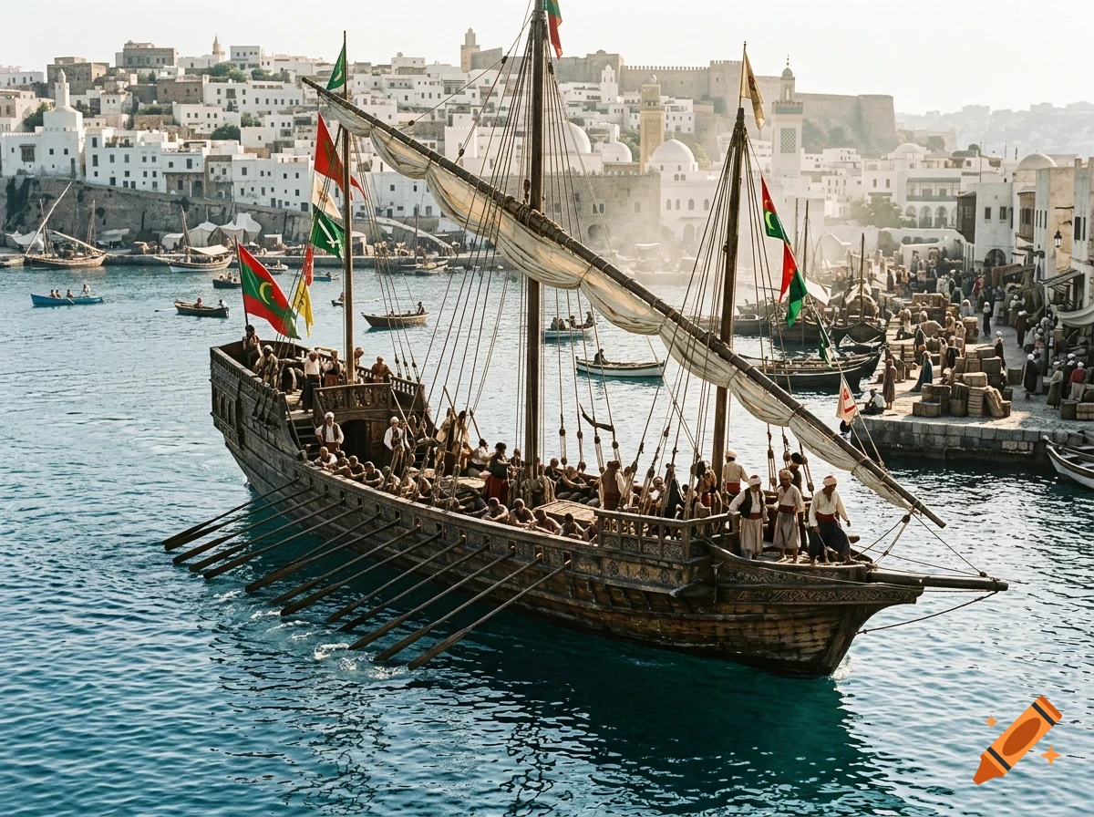 An old-style multi-oared galley ship with sails and flags navigates a busy harbor next to a coastal city with white buildings.