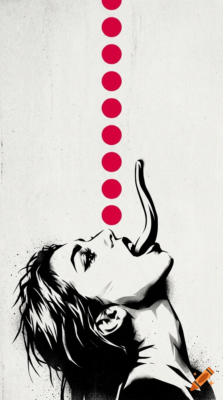 Stencil art of a woman in profile looking up with an extremely long tongue, with a vertical line of red dots above her mouth.