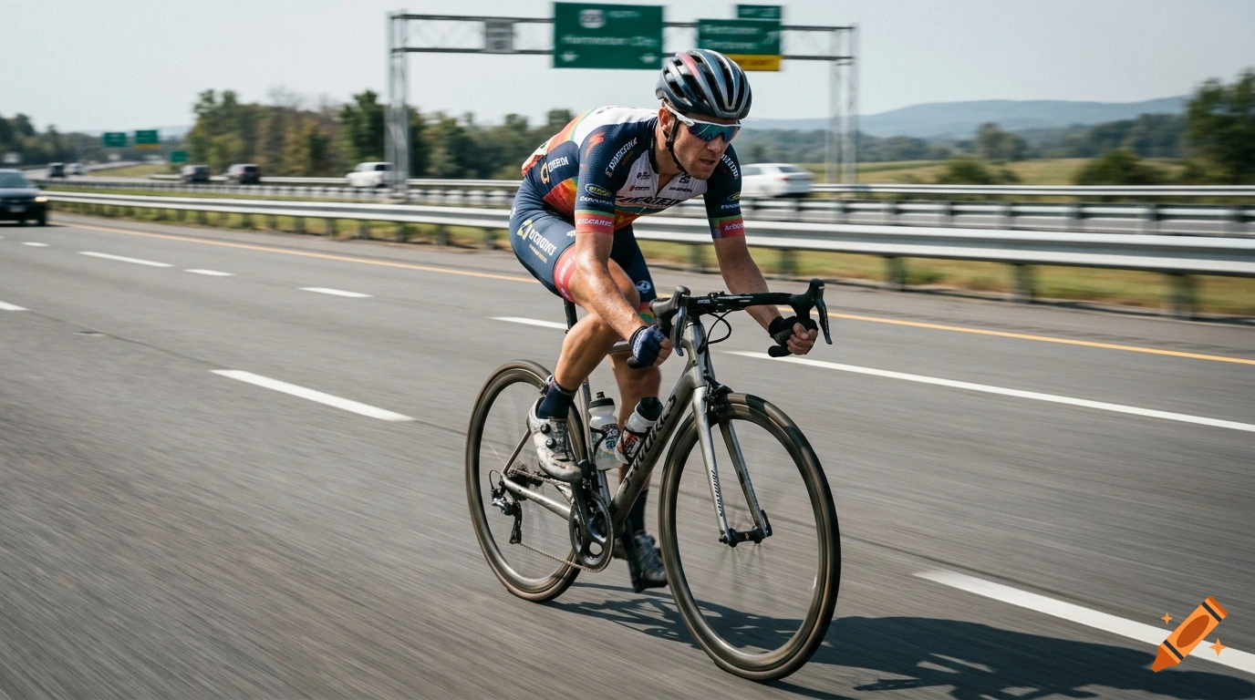 Photorealistic image of a cyclist riding a road bike on a highway with overhead green signs.