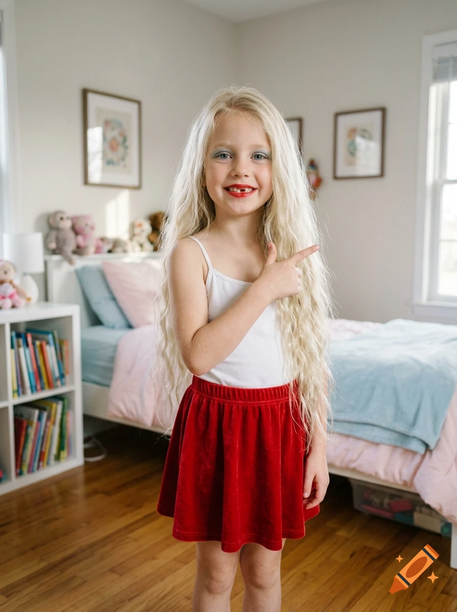 Photorealistic photo of a smiling young blonde girl with missing teeth wearing a red skirt and pointing in a bedroom.