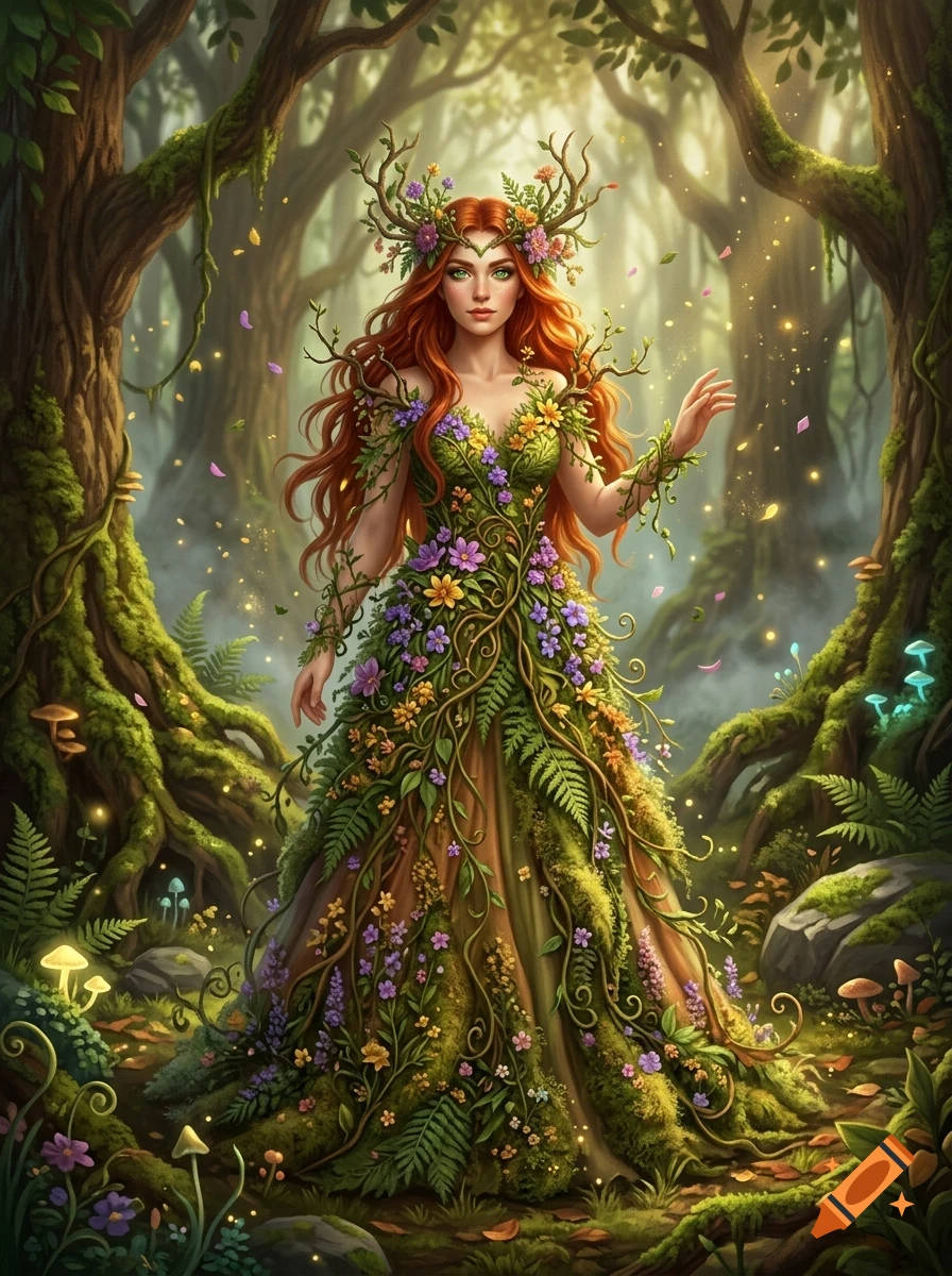 An ethereal forest spirit woman with red hair, wearing a gown of woven vines, moss, and wildflowers in a mystical woodland.