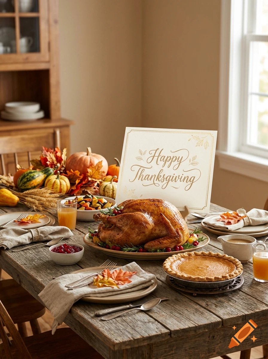 Photorealistic Thanksgiving dinner table with roasted turkey, pie, and a sign that reads Happy Thanksgiving.