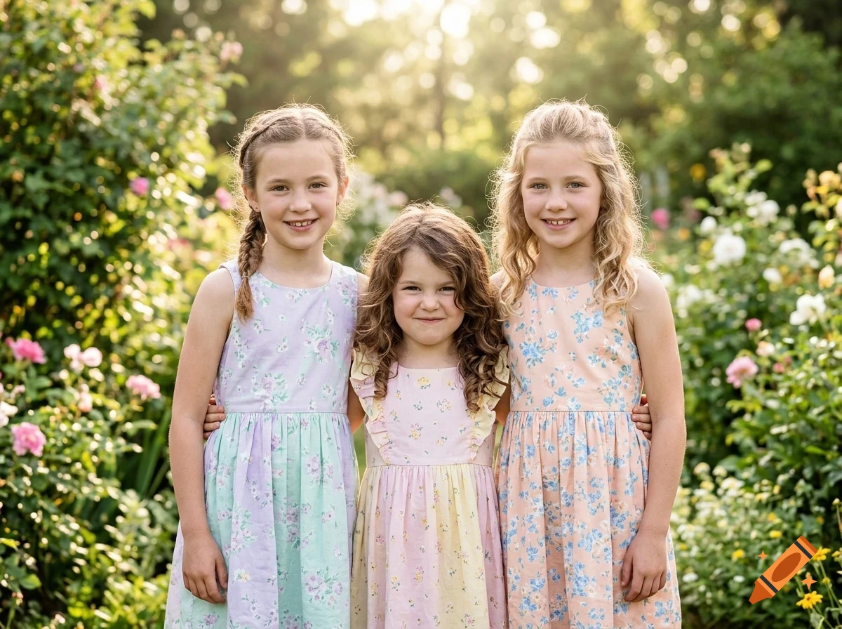Three young girls standing together in a sunlit garden, wearing floral dresses and smiling at the camera.