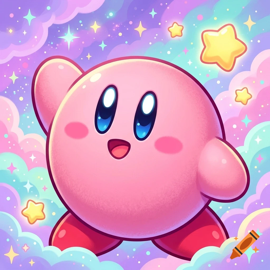 A digital illustration of Kirby floating among pastel-colored clouds and glowing stars.