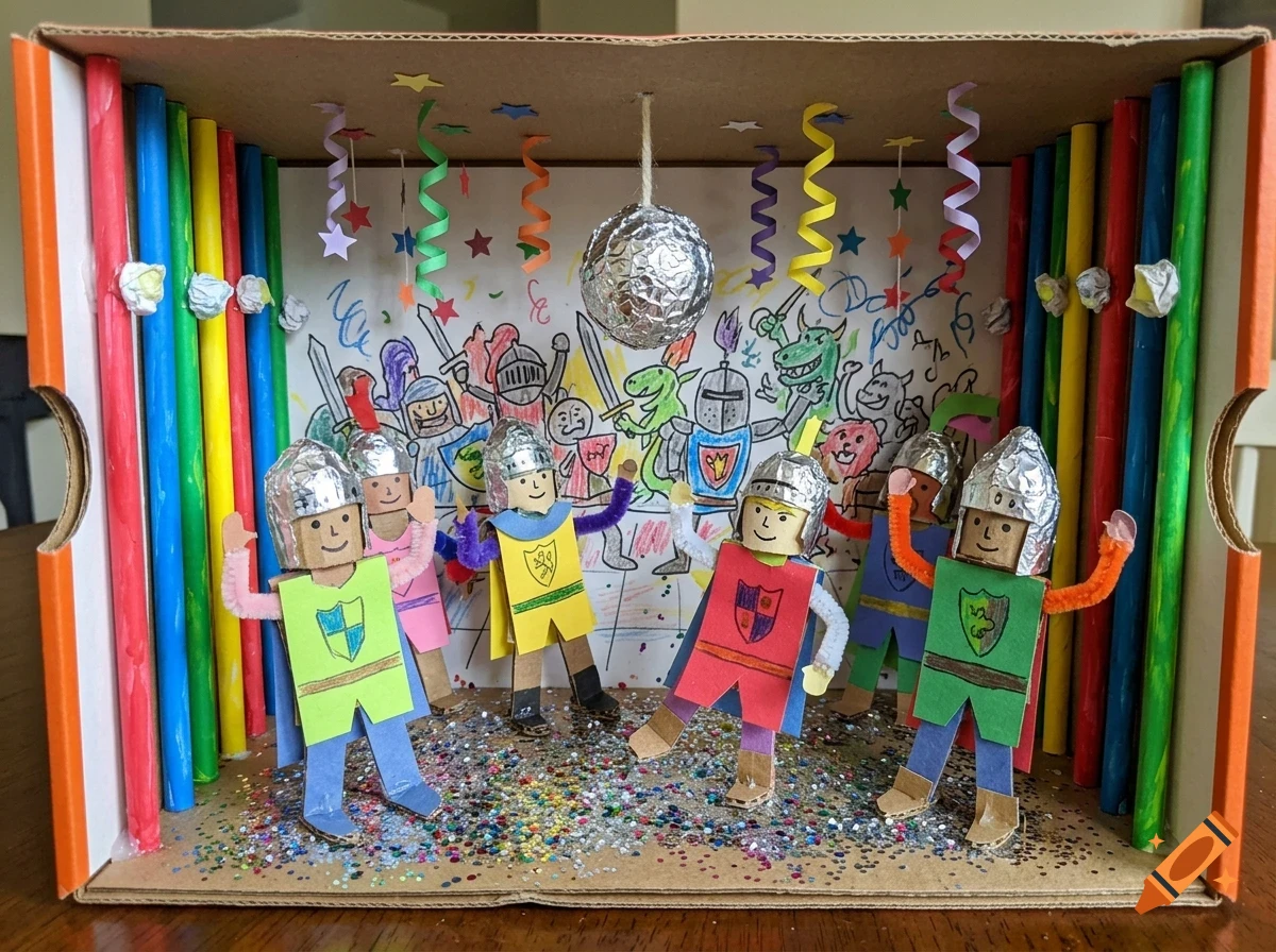 A diorama made from a shoebox depicting medieval knights in armor dancing under a foil disco ball with a colorful hand-drawn crowd background and confetti floor.