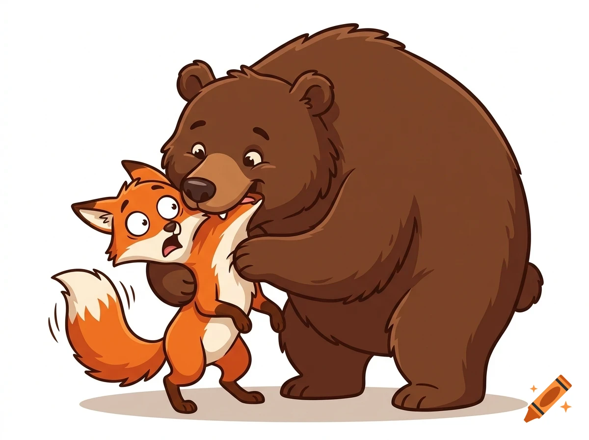 A cartoon bear playfully biting a surprised-looking orange fox.