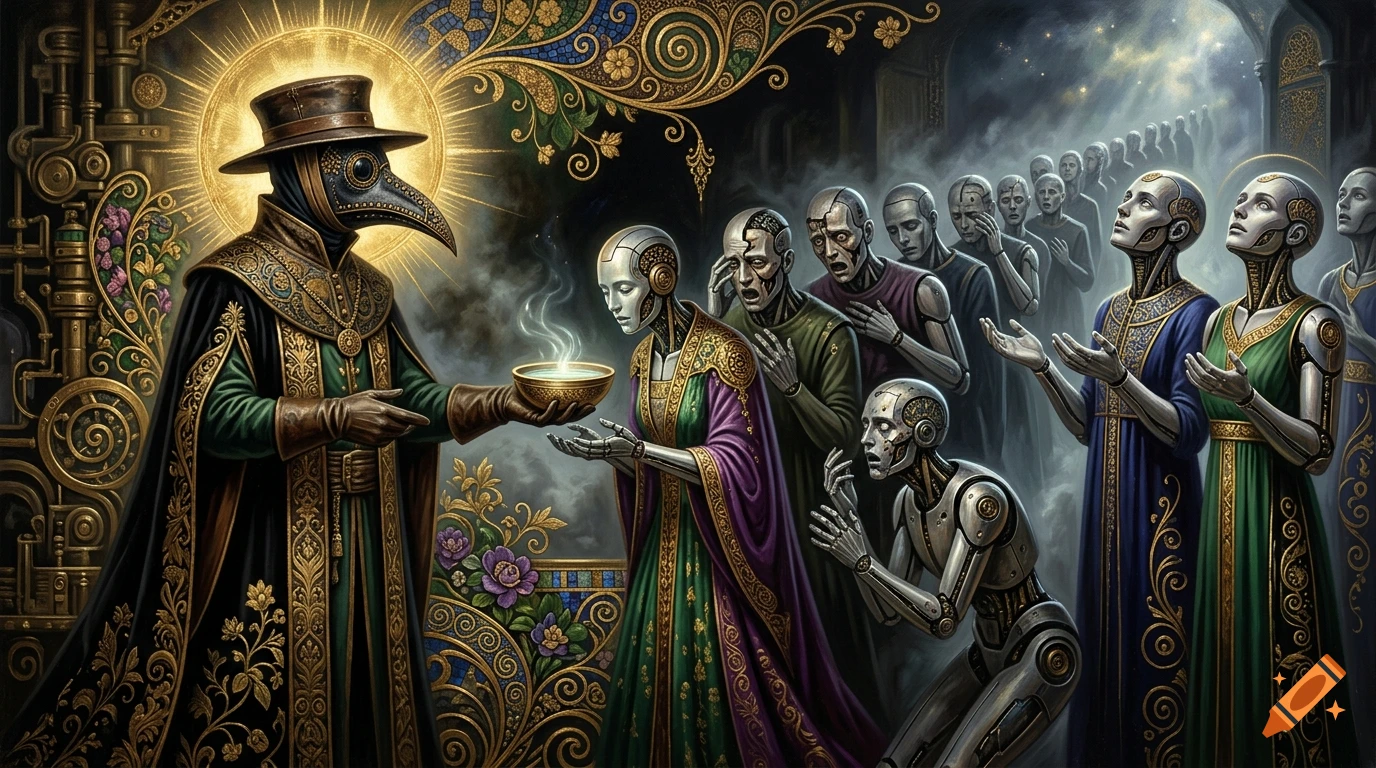 An ornate symbolist painting depicting a plague doctor holding a glowing bowl, surrounded by mechanical androids in a medieval setting.