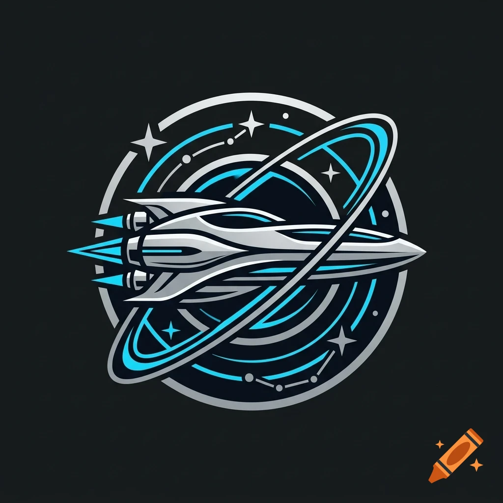 A futuristic silver and blue spaceship soaring through space, encircled by glowing rings and stars in a circular emblem format against a dark background.